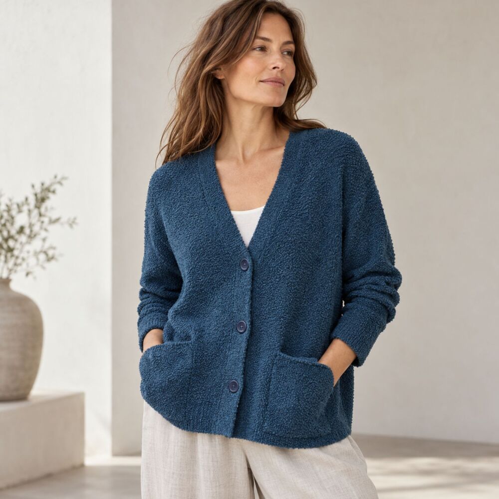 Eileen Fisher Adriatic Blue Cotton Boucle Cardigan Size Small Petite NWOT
